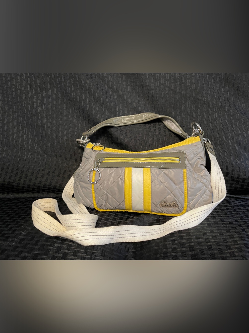 Coach Quilted Yellow-Trim Gray Crossbody Bag